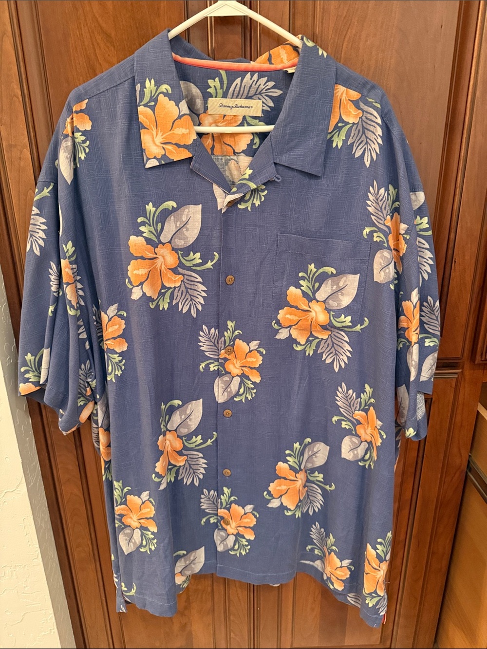 Tommy Bahama Blue Camp Shirt with Orange Floral Print
